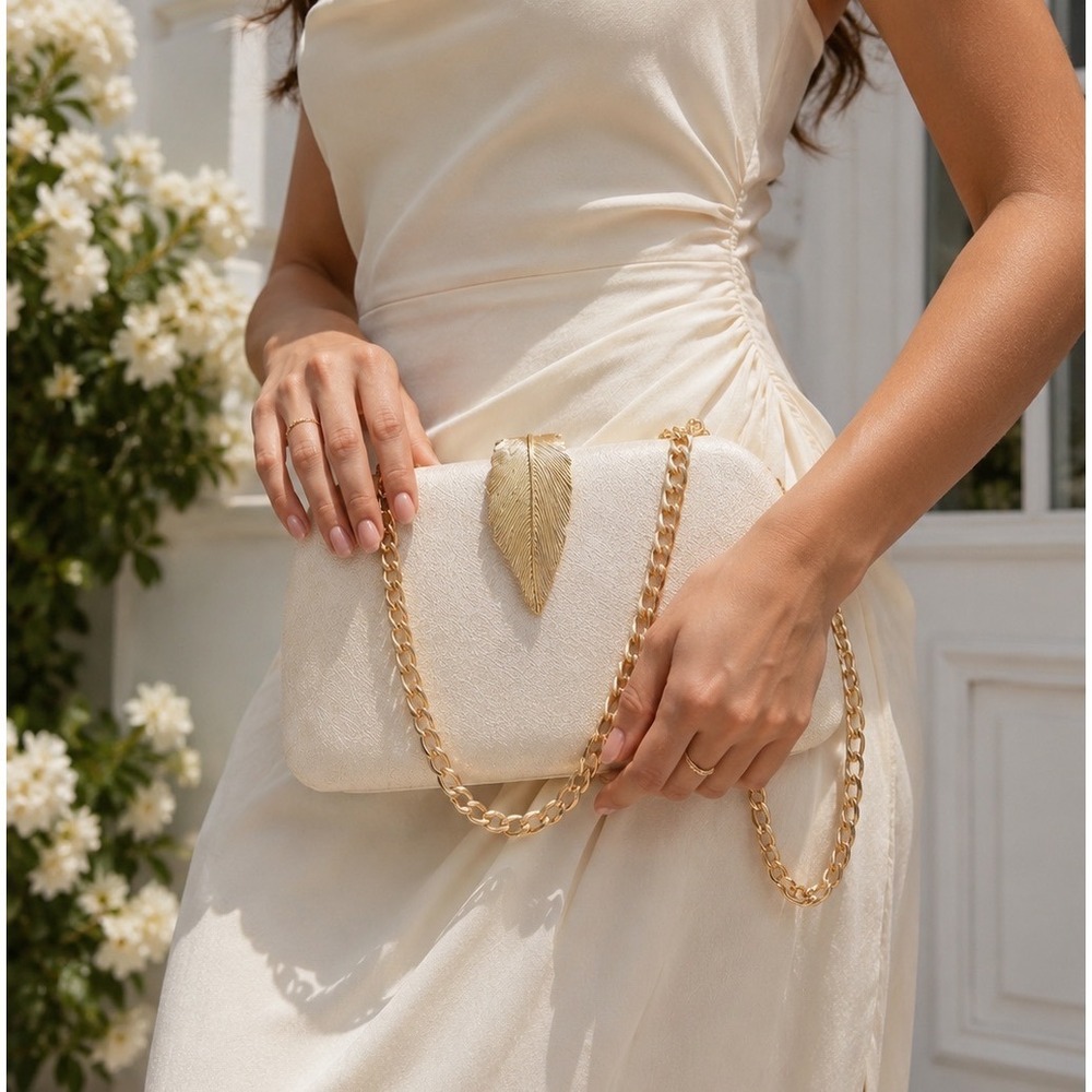 Before & Ever Champagne Gold Evening Clutch with Chain and Leaf Clasp